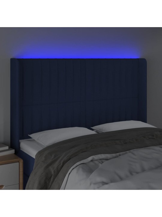 Čelo postele s LED modré 147 x 16 x 118/128 cm textil