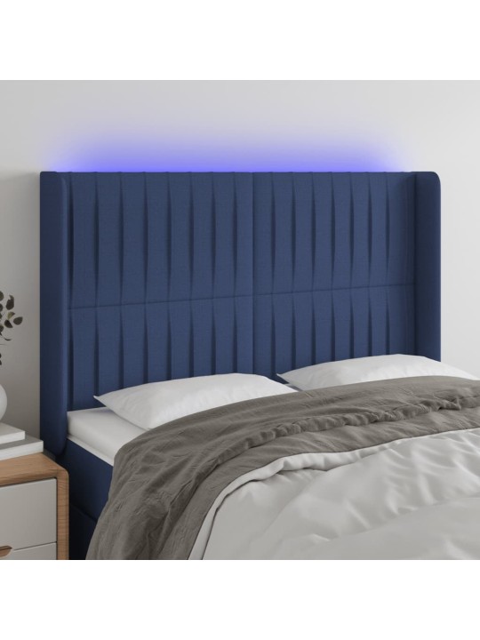Čelo postele s LED modré 147 x 16 x 118/128 cm textil