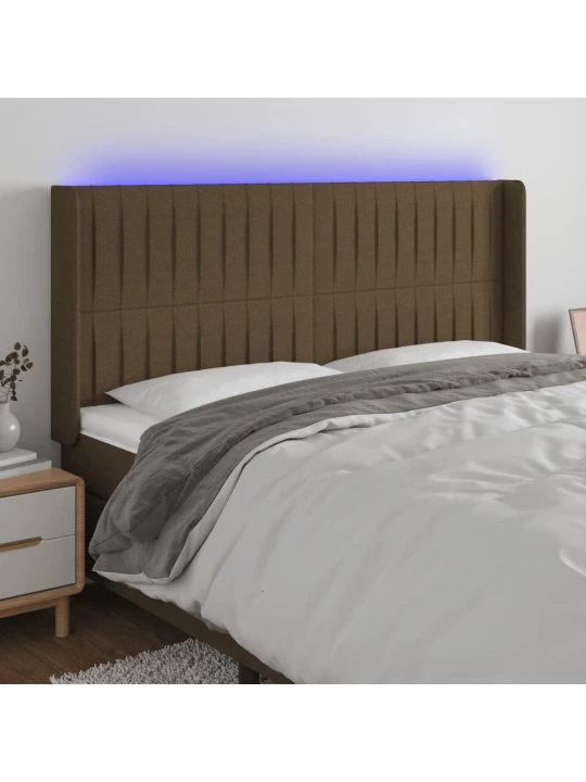 Čelo postele s led tmavě hnědé 163 x 16 x 118/128 cm textil