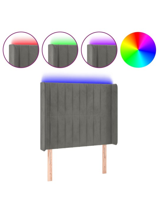 Čelo postele s LED světle šedé 103 x 16 x 118/128 cm samet