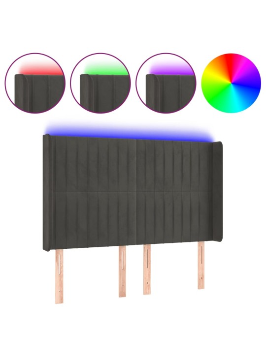 Čelo postele s LED tmavě šedé 147 x 16 x 118/128 cm samet