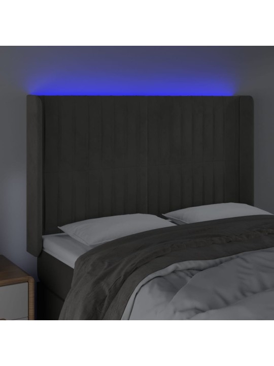Čelo postele s LED tmavě šedé 147 x 16 x 118/128 cm samet
