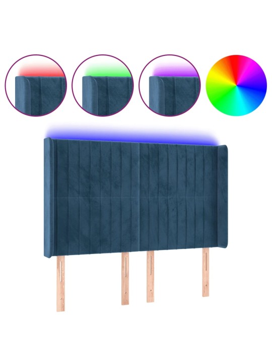 Čelo postele s led tmavě modré 147 x 16 x 118/128 cm samet