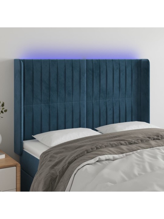 Čelo postele s led tmavě modré 147 x 16 x 118/128 cm samet