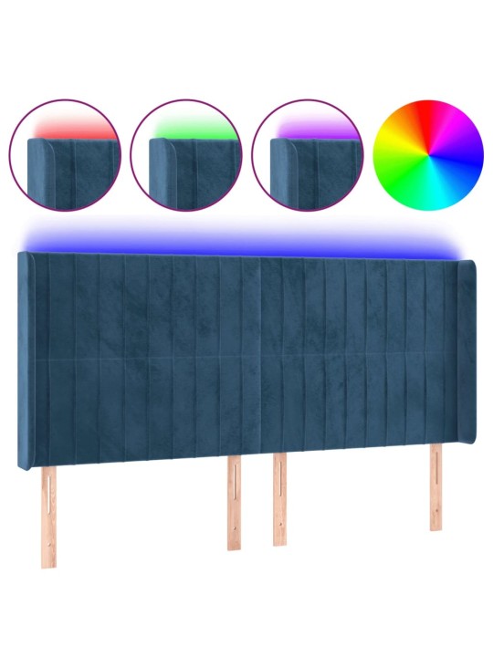 Čelo postele s LED tmavě modré 203 x 16 x 118/128 cm samet