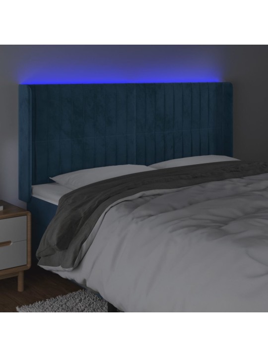 Čelo postele s LED tmavě modré 203 x 16 x 118/128 cm samet