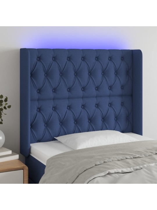 Čelo postele s LED modré 103 x 16 x 118/128 cm textil