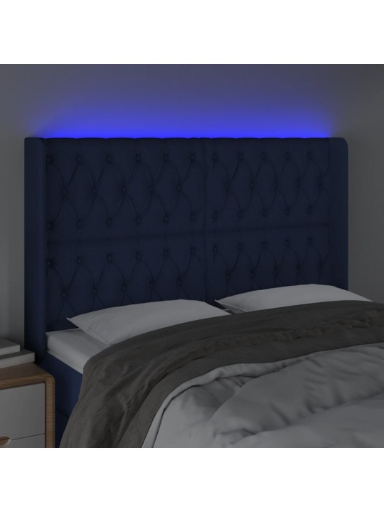 Čelo postele s led modré 147 x 16 x 118/128 cm textil
