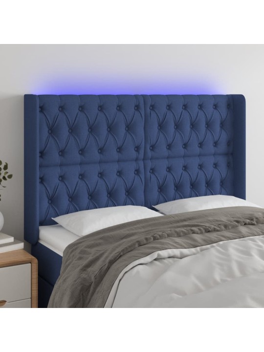 Čelo postele s led modré 147 x 16 x 118/128 cm textil