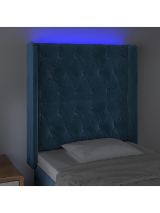 Čelo postele s led tmavě modré 83 x 16 x 118/128 cm samet