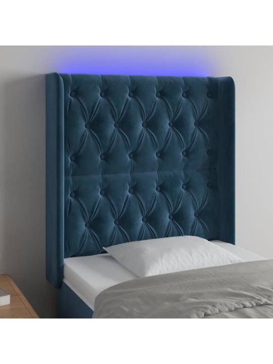 Čelo postele s led tmavě modré 83 x 16 x 118/128 cm samet
