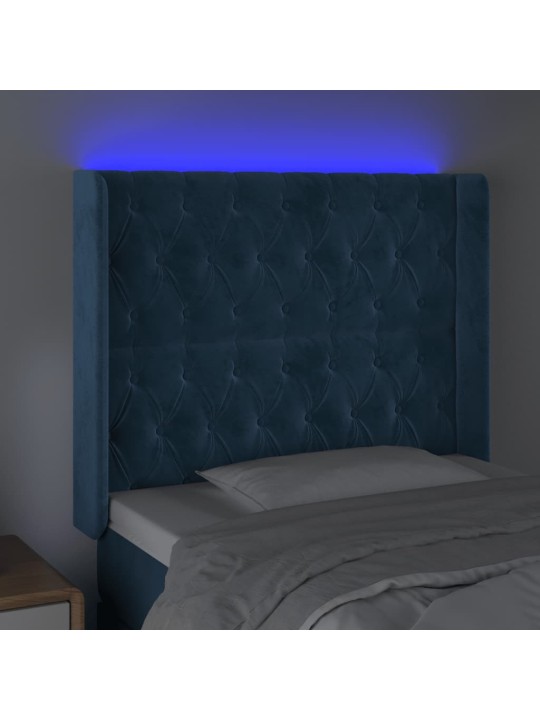 Čelo postele s led tmavě modré 93 x 16 x 118/128 cm samet