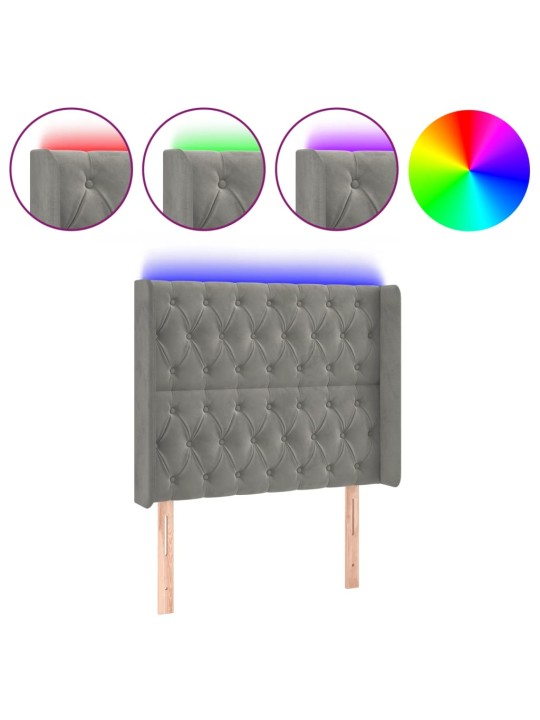 Čelo postele s LED světle šedé 103 x 16 x 118/128 cm samet