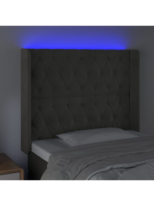Čelo postele s LED tmavě šedé 103 x 16 x 118/128 cm samet