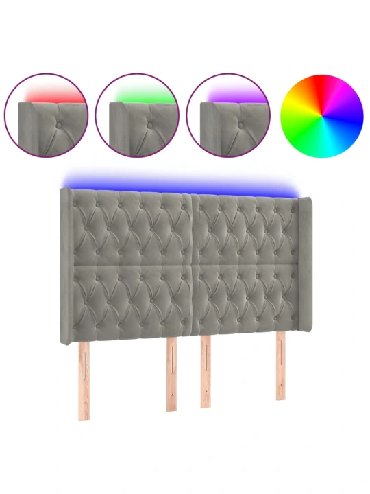 Čelo postele s led světle šedé 147x16x118/128 cm samet