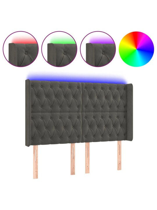 Čelo postele s led tmavě šedé 147 x 16 x 118/128 cm samet