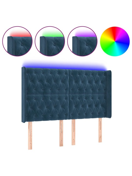 Čelo postele s led tmavě modré 147 x 16 x 118/128 cm samet