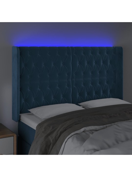 Čelo postele s led tmavě modré 147 x 16 x 118/128 cm samet