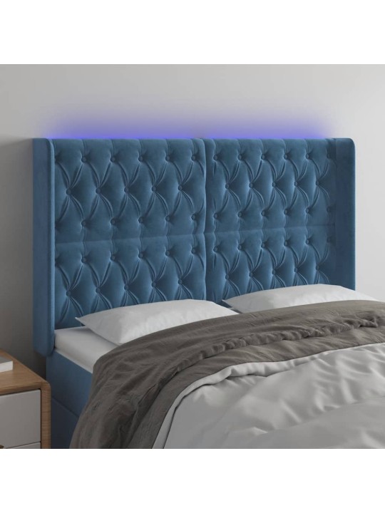 Čelo postele s led tmavě modré 147 x 16 x 118/128 cm samet
