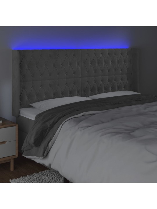 Čelo postele s led světle šedé 183 x 16 x 118/128 cm samet