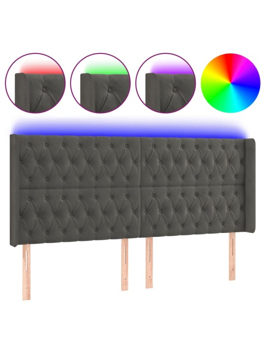 Čelo postele s LED tmavě šedé 183 x 16 x 118/128 cm samet