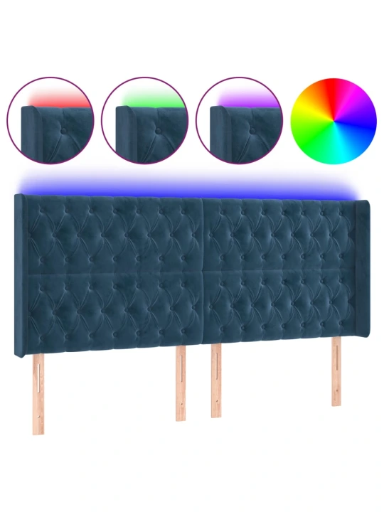 Čelo postele s led tmavě modré 183 x 16 x 118/128 cm samet