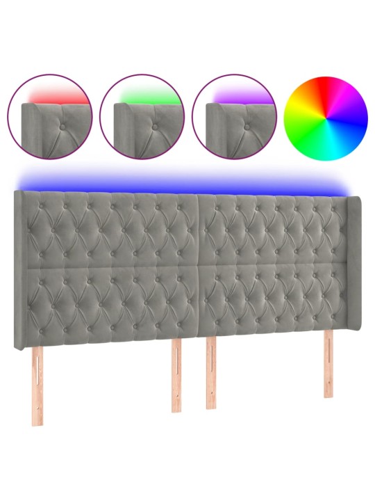 Čelo postele s LED světle šedé 203 x 16 x 118/128 cm samet