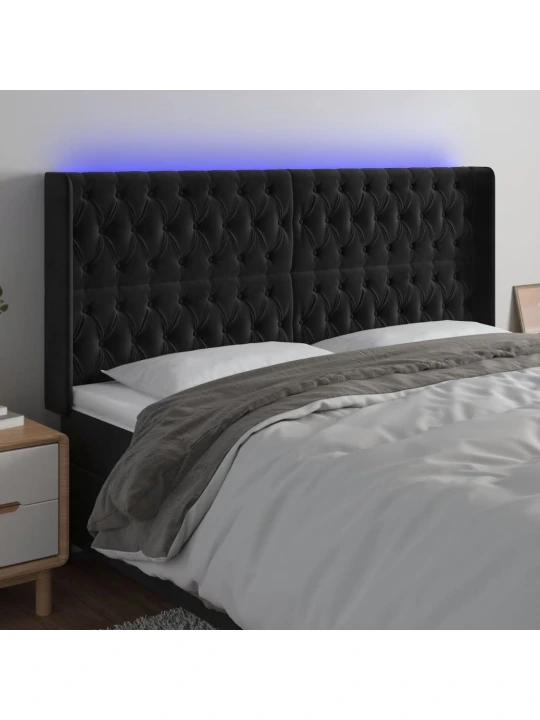 Čelo postele s LED černé 203 x 16 x 118/128 cm samet