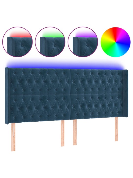 Čelo postele s led tmavě modré 203 x 16 x 118/128 cm samet