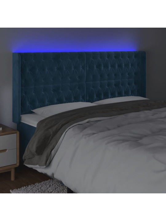 Čelo postele s led tmavě modré 203 x 16 x 118/128 cm samet