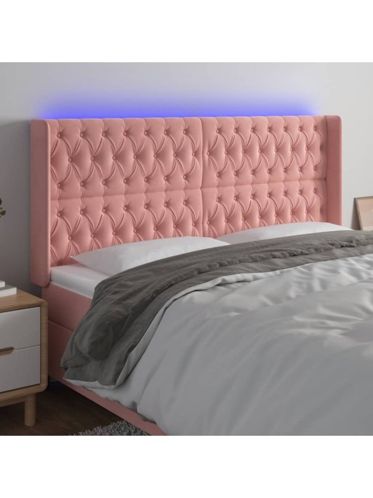 Čelo postele s LED růžové 203 x 16 x 118/128 cm samet