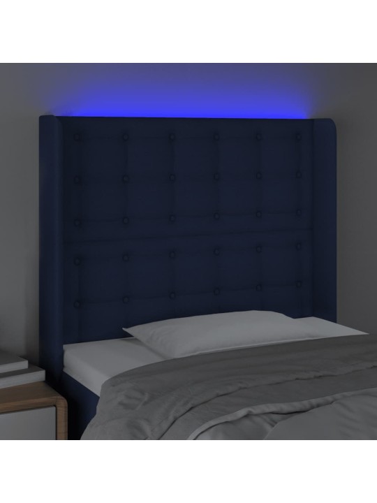Čelo postele s LED modré 103 x 16 x 118/128 cm textil