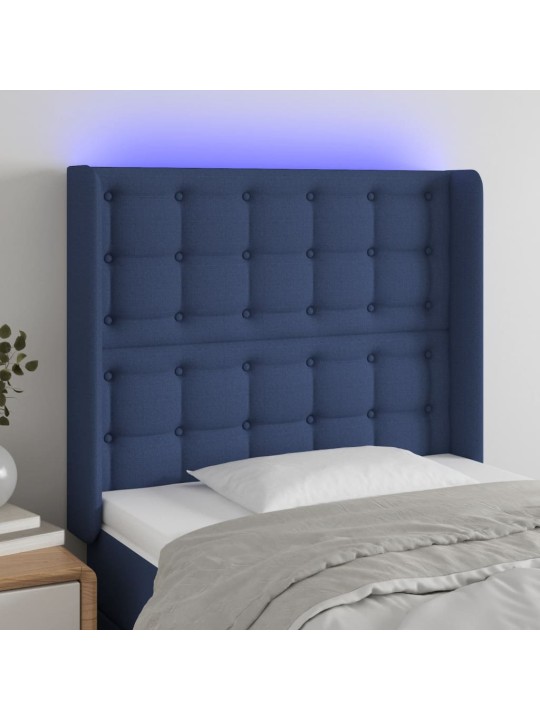 Čelo postele s LED modré 103 x 16 x 118/128 cm textil