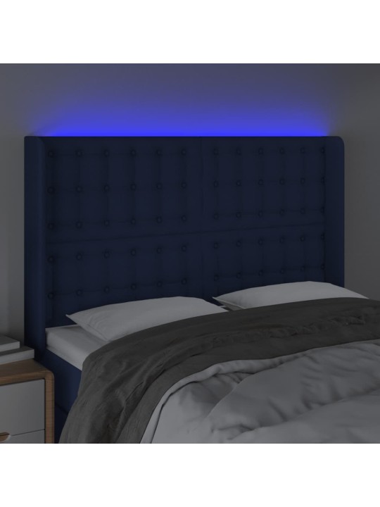 Čelo postele s LED modré 147 x 16 x 118/128 cm textil