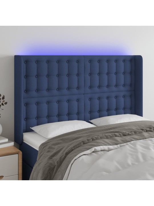 Čelo postele s LED modré 147 x 16 x 118/128 cm textil