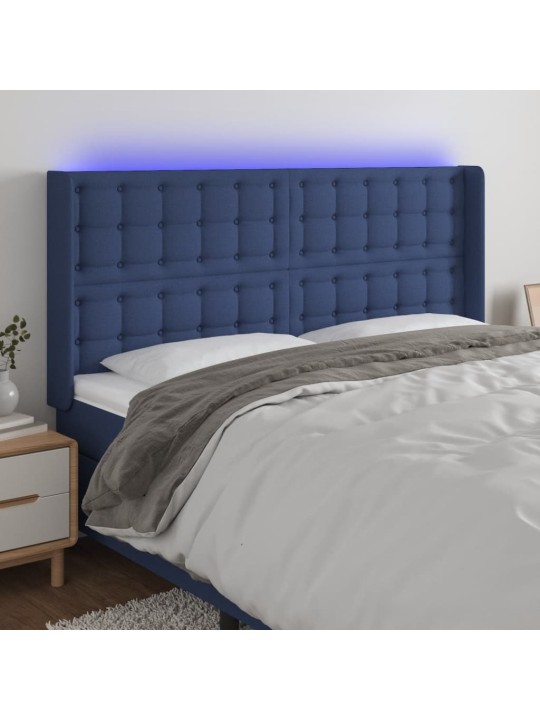 Čelo postele s led modré 163 x 16 x 118/128 cm textil