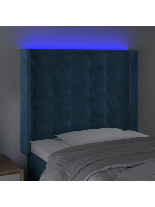 Čelo postele s led tmavě modré 93 x 16 x 118/128 cm samet