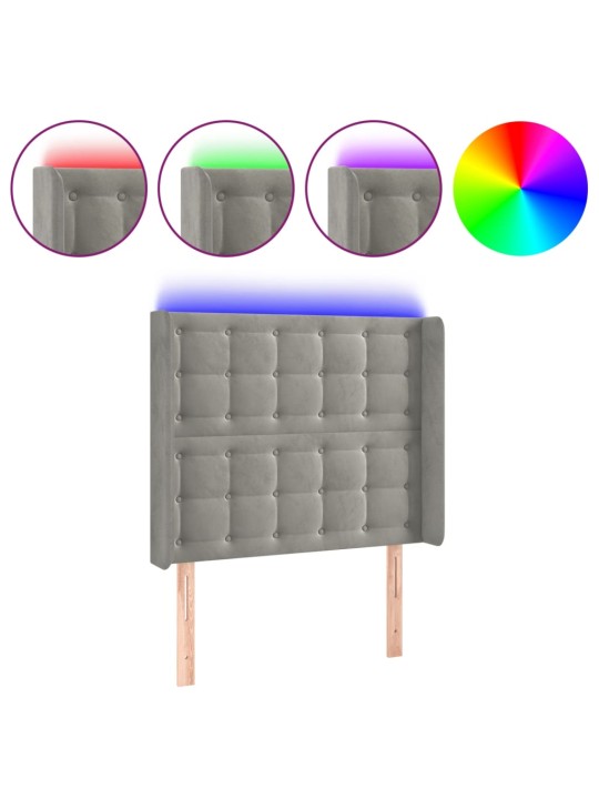 Čelo postele s LED světle šedé 103 x 16 x 118/128 cm samet