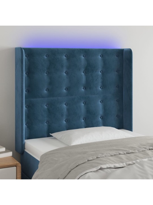 Čelo postele s led tmavě modré 103 x 16 x 118/128 cm textil