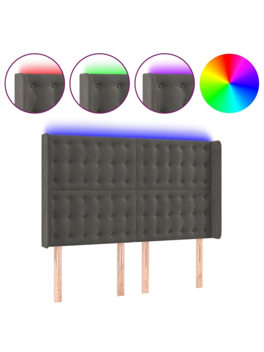 Čelo postele s LED tmavě šedé 147 x 16 x 118/128 cm samet
