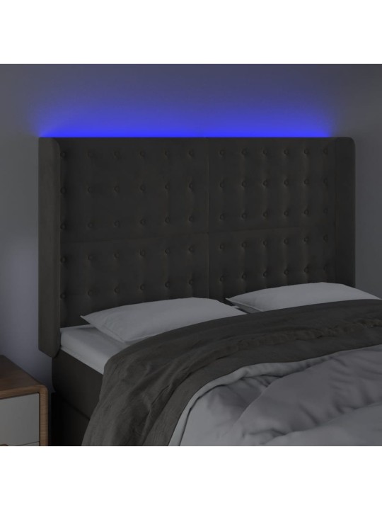Čelo postele s LED tmavě šedé 147 x 16 x 118/128 cm samet