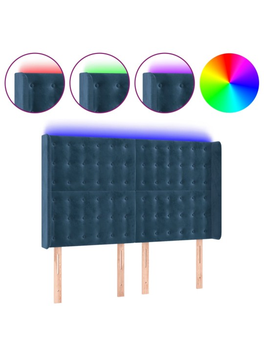 Čelo postele s led tmavě modré 147 x 16 x 118/128 cm samet