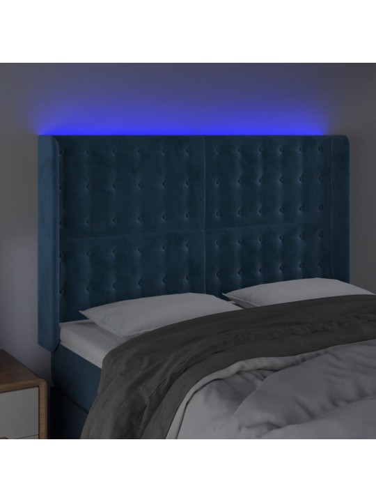 Čelo postele s led tmavě modré 147 x 16 x 118/128 cm samet