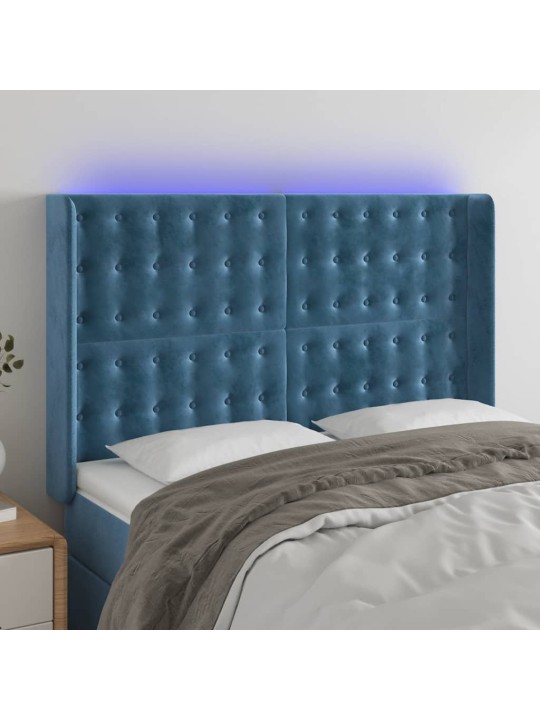 Čelo postele s led tmavě modré 147 x 16 x 118/128 cm samet