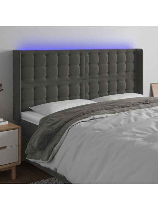 Čelo postele s LED tmavě šedé 163 x 16 x 118/128 cm samet