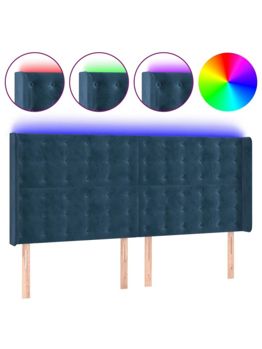 Čelo postele s led tmavě modré 163 x 16 x 118/128 cm samet