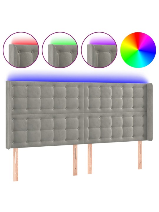 Čelo postele s LED světle šedé 183 x 16 x 118/128 cm samet