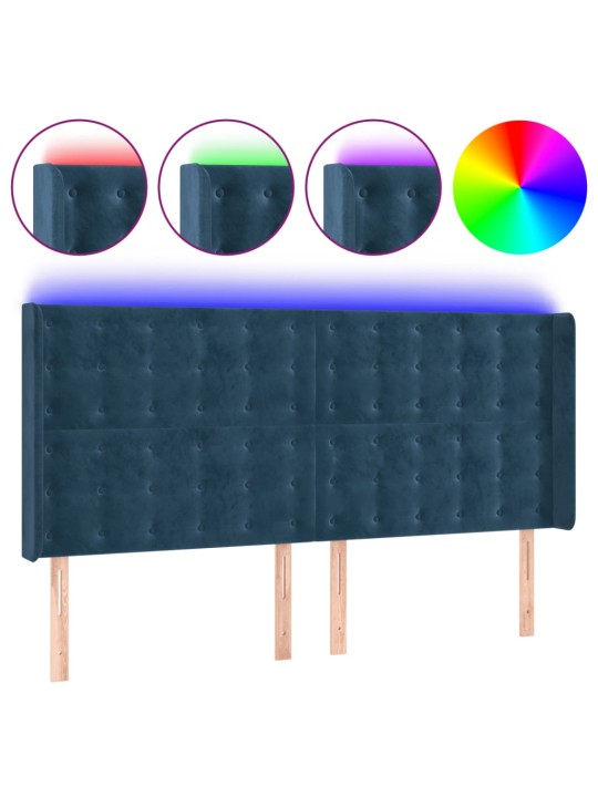 Čelo postele s led tmavě modré 183 x 16 x 118/128 cm samet
