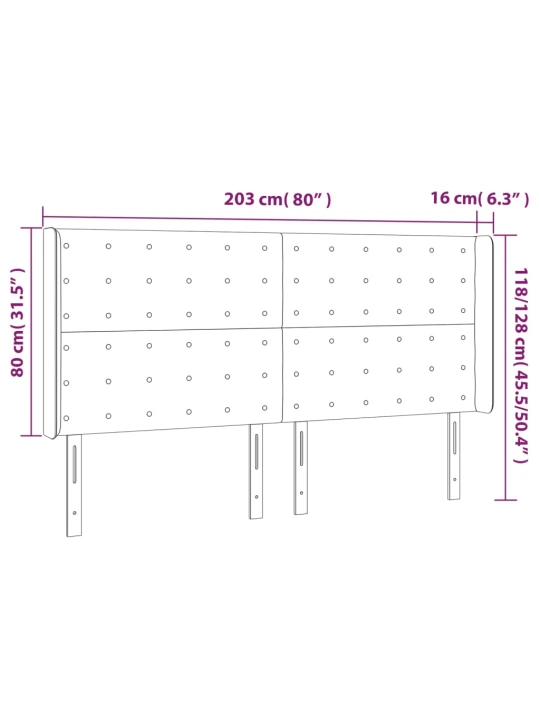 Čelo postele s LED světle šedé 203 x 16 x 118/128 cm samet