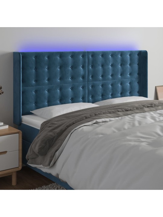 Čelo postele s led tmavě modré 203 x 16 x 118/128 cm samet